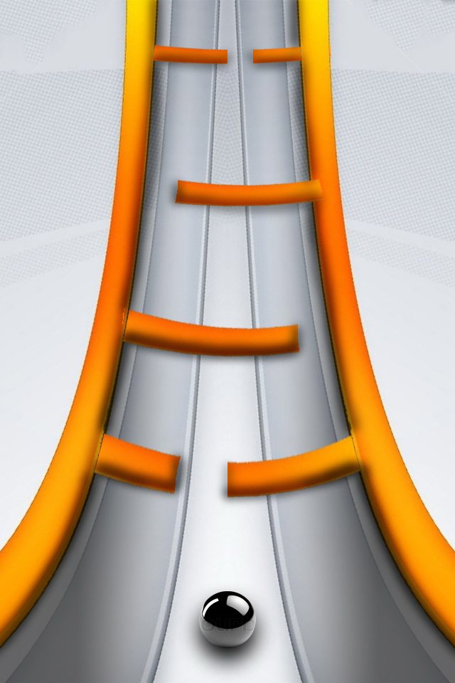 A Photoshop mockup: a grey tube between orange rails, orange bars with gaps, and a chrome ball at the bottom