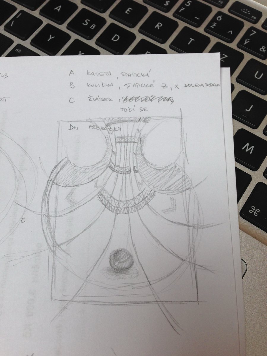 A pencil sketch of a tube narrowing into the distance, with arcs as obstacles, a ball at the bottom and handwritten Czech notes