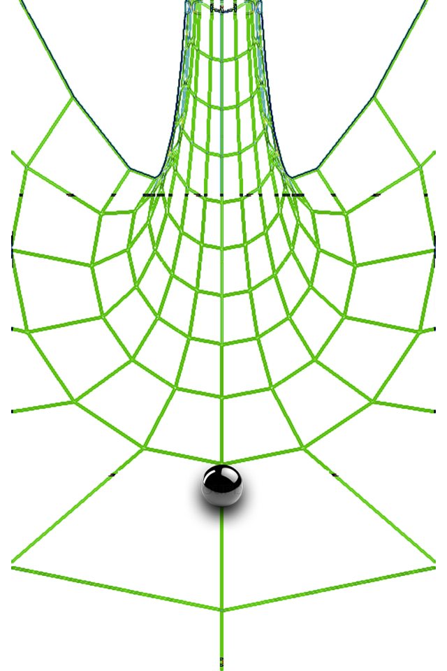 The same funnel drawn as a green wireframe, with the chrome ball