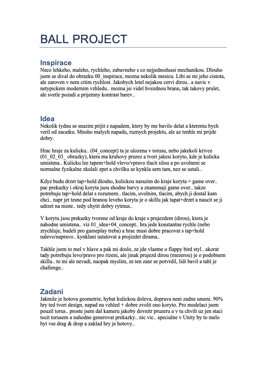 The first page of a design document in Czech titled BALL PROJECT