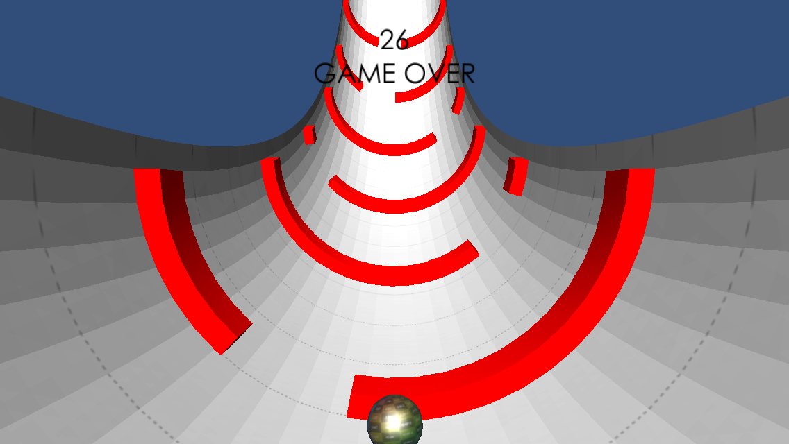 The 2019 SceneKit version: a white funnel tunnel with red arcs, a chrome ball, and 26 GAME OVER at the top